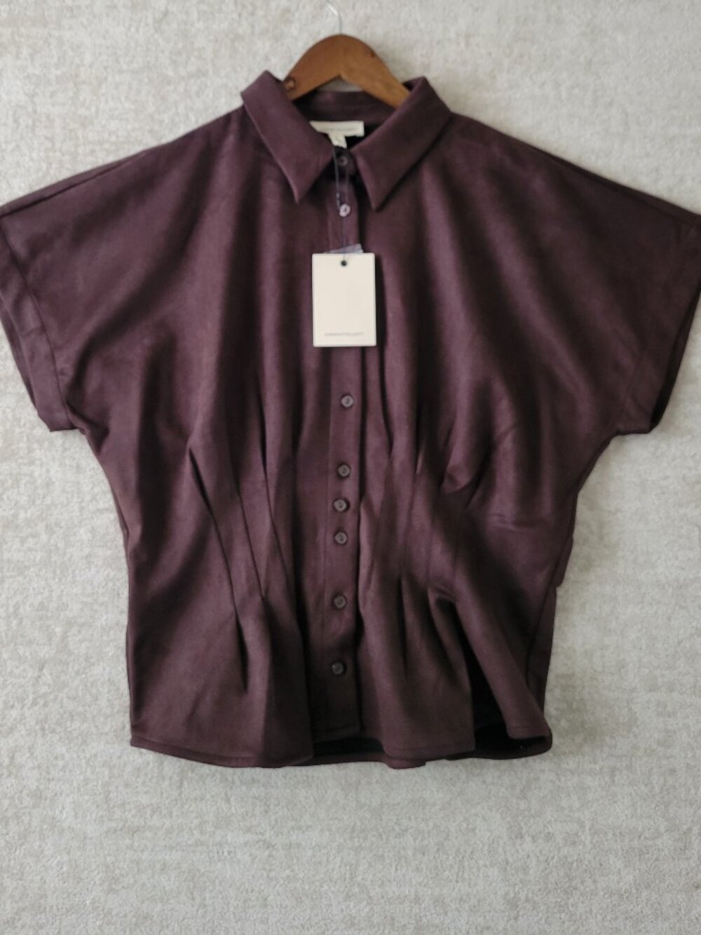 Current/Elliott The Tella Faux Suede Pleated Cinched Waist Shirt Large Brown NWT